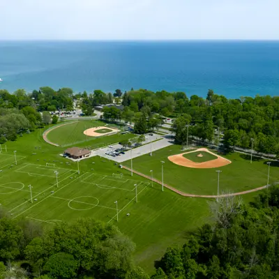 Aerial of soccer and baseball fields at Lakeview park