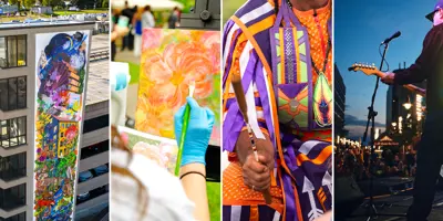 Collage of images including a public art mural, a person painting flowers, an Indigenous dancer, and a musician