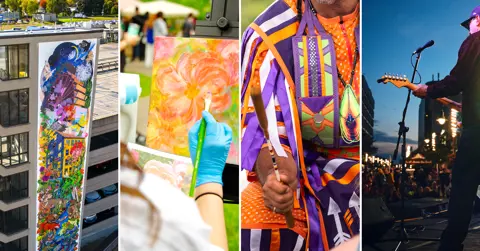Collage of images including a public art mural, a person painting flowers, an Indigenous dancer, and a musician