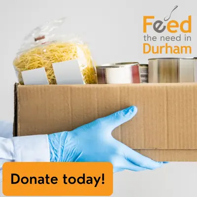 persons holding box of food with words donate today